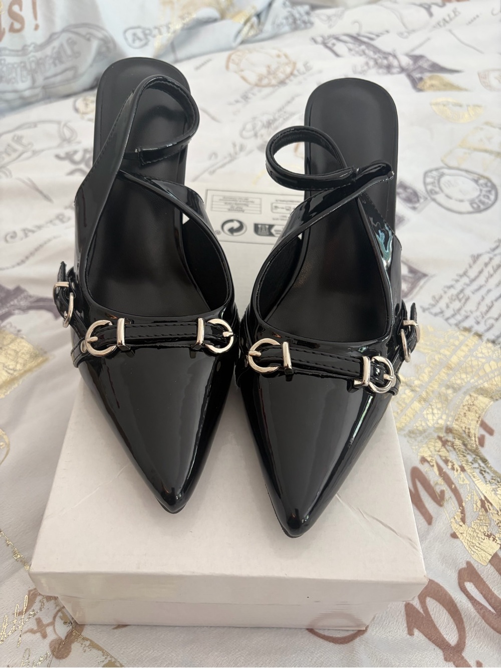 Women's Black Patent Pointed-Toe Slingback Mules with Silver Buckle Detail